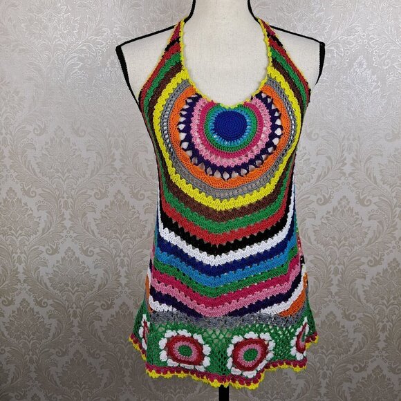TwentyOne Size Medium Colorful Crochet Halter Top Scoop Neck Tie at Back of Neck - Picture 1 of 12